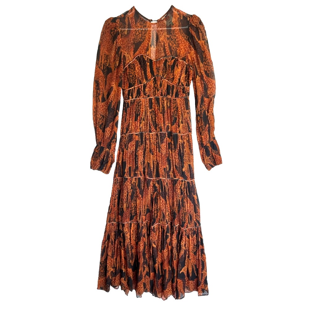 Farm Rio Giraffes Puff Sleeve Tiered Chiffon Maxi Dress XS Burnt Orange RP$315 - Picture 4 of 16